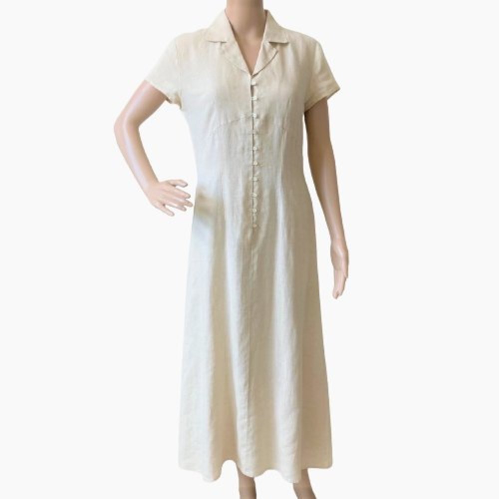 Talbots Irish Linen Midi Dress Women Size 4 Button Front Bohemian 100% Linen Vtg